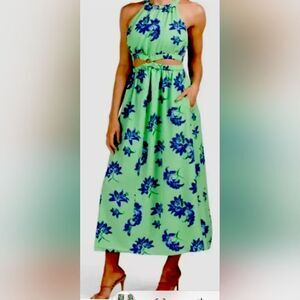 Likely Karrica Maxi Dress Midriff Cutout Pistachio Green Blue Floral NWT